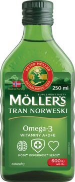 Zielona butelka Möller's Tran Norweski Omega-3 z wit. A+D+E, 250ml, frontowe ujęcie.