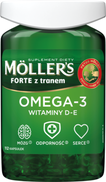 Zielony suplement Möller's Forte z tranem Omega-3 D-E w butelce, frontalny widok z napisami i ikonami serca, mózgu.