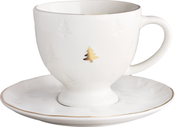 Biała porcelanowa filiżanka ze spodkiem, widok z przodu, z delikatnymi złotymi detalami i świąteczną choinką.