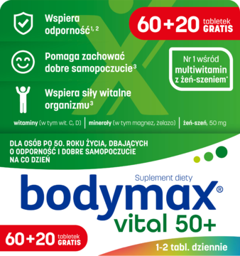 Bodymax Vital 50+ multiwitamina z żeń-szeniem, dla osób 50+. Zielono-białe opakowanie, widok z przodu, z napisem 60+20 GRATIS.