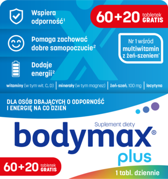Front biało-niebieskiego opakowania Bodymax Plus 60+20 GRATIS, suplementu diety z żeń-szeniem na odporność i energię.