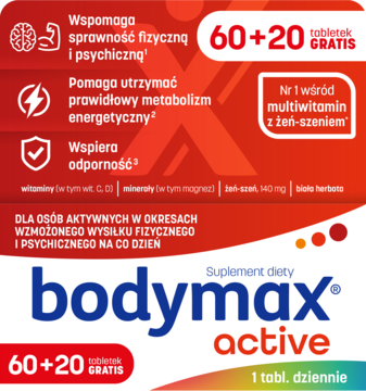 Czerwono-białe opakowanie Bodymax Active, suplementu z żeń-szeniem, 60+20 tabletek gratis, widok z przodu.