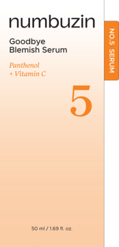 Numbuzin No.5 Goodbye Blemish Serum 50ml z Panthenolem i Witaminą C, widok z przodu opakowania.
