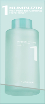 Numbuzin No.1 Pure-full Calming Herb Toner w jasnoniebieskiej butelce z numerem 1, widok z przodu.