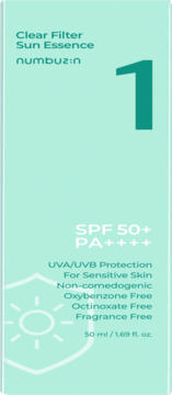 Numbuzin Clear Filter Sun Essence SPF50+ PA++++, light teal box front, fragrance-free, with large '1'.