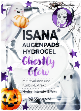 Halloween ISANA Ghostly Glow Hydrogel Augenpads: srebrny sachet z duszkami i dyniami, dla intensywnego nawilżenia.