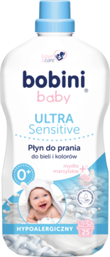 Biała butelka Bobini Baby Ultra Sensitive płyn do prania 0+, hipoalergiczny, z niebieską zakrętką.