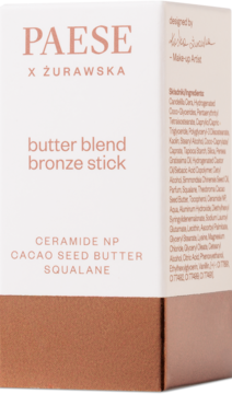 PAESE x ŻURAWSKA butter blend bronze stick. Zbliżenie białego opakowania kremowego bronzera ze składnikami.