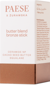 Paese Butter Blend bronze stick, biało-brązowe opakowanie, widok z przodu. Składniki: Ceramide NP, Squalane.