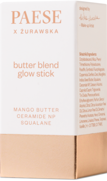 Paese Butter Blend Glow Stick, biało-miedziane pudełko, widok z przodu, z napisem Mango Butter, Ceramide NP.