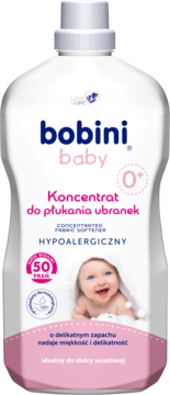 Biała butelka Bobini Baby Koncentrat do płukania ubranek, HYPOALERGICZNY, widok z przodu.