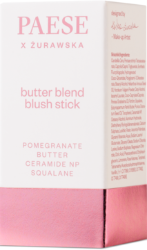 Paese Butter Blend Blush Stick w różowo-białym kartoniku, widok pod kątem z przodu i z boku z listą składników.