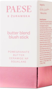 Paese Butter Blend Blush Stick Bloom, biało-różowe opakowanie, widok pod kątem z widocznym składem na boku.
