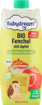 Babydream BIO Fenchel mit Apfel w kartonie, dla niemowląt, przód opakowania z jeżem, jabłkami i herbatą.