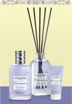 Collistar Benessere Fico E Glicine zestaw: fioletowa woda toaletowa, dyfuzor z patyczkami i krem do ciała. Widok z przodu.