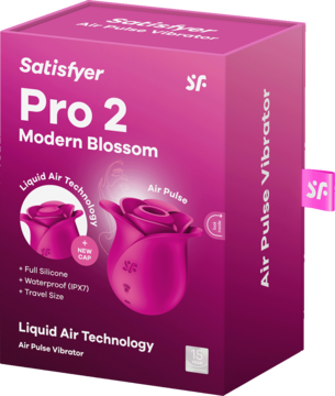 Różowe pudełko Satisfyer Pro 2 Modern Blossom, bezdotykowego stymulatora łechtaczki z Liquid Air Technology.