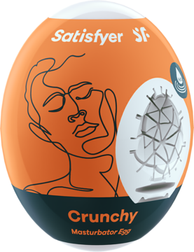 Satisfyer Egg Crunchy, pomarańczowy masturbator z grafiką twarzy i widoczną prążkowaną strukturą, frontalny widok.