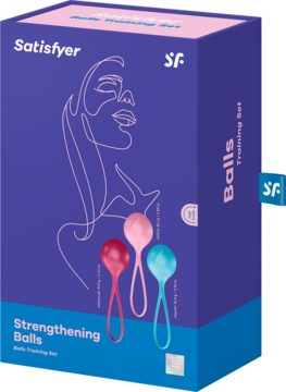 Satisfyer Strengthening Balls, widok fioletowego opakowania z trzema kulkami gejszy (róż, czerwień, turkus).