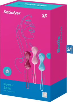 Pudełko Satisfyer Power Balls z 3 silikonowymi kulkami gejszy (róż, beż, błękit), widok z przodu pod kątem.