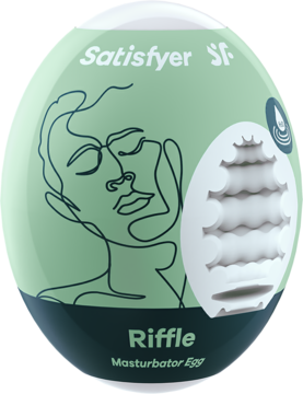 Satisfyer Egg Riffle masturbator, zielone jajko z artystycznym wzorem i widocznym prążkowanym wnętrzem TPE.