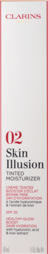 Clarins Skin Illusion Tinted Moisturizer SPF 25, białe pudełko z czerwonymi napisami, 24H nawilżenie, widok z przodu.