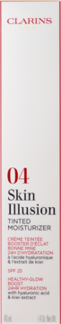 Clarins Skin Illusion Tinted Moisturizer 04, białe opakowanie z czerwonymi detalami, z przodu. Nawilżający z SPF 25.
