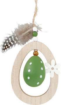 Eloy zawieszka wielkanocna: drewniane jajko z zielonym jajkiem w białe kropki, piórkiem i kwiatkiem, widok z przodu.