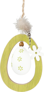 Eloy zawieszka wielkanocna jajko wz2: drewniana, zielona ramka w kształcie jajka z białym jajkiem w środku, zdobiona kwiatami i piórkami.