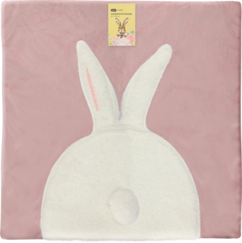 Eloy poszewka na poduszkę 45x45 cm, różowa z białym futrzanym zadem królika i pomponem, widok z góry.