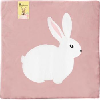 Różowa poszewka na poduszkę 45x45cm z białym królikiem, wzór wielkanocny, widok z przodu.