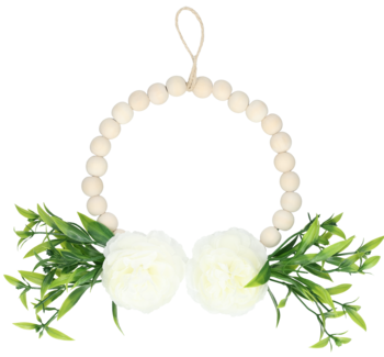 Wieniec wielkanocny Eloy: jasne drewniane koraliki, białe kwiaty i zielone liście, widok frontalny.