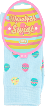 Jasnoniebieskie skarpetki w kolorowe pisanki z etykietą "Wesołych Świąt" w różowo-niebieskie pasy, rozmiar 35-40.