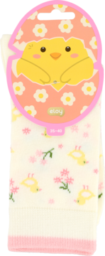 Skarpetki Eloy, kremowe z żółtymi pisklętami i różowymi kwiatami, zapakowane w różowy kartonik w kształcie jajka.
