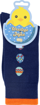 Dark blue baby socks with colorful Easter egg patterns and orange cuff. Front view, with a yellow chick tag 'Wesołego Jajka'.