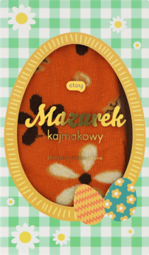 Skarpetki etoy Mazurek kajmakowy, pomarańczowe w kwiaty, w żółtym jajku-opakowaniu na tle zielono-białej kraty.