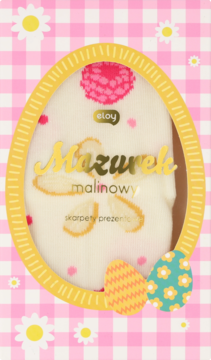 Skarpetki prezentowe Eloy 'Mazurek malinowy' z różowymi malinami, w różowo-białym pudełku z motywem Wielkanocy.