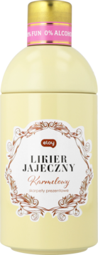 Eloy Likier Jajeczny Karmelowy 0% alkoholu w jasnożółtej butelce ze złotą nakrętką, widok z przodu.