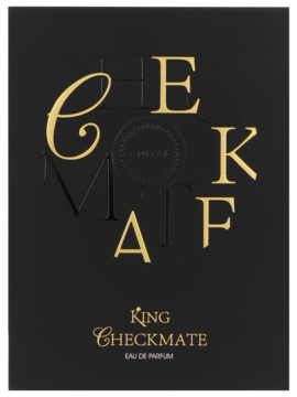 Eleganckie, czarne pudełko Armaf Checkmate King Eau de Parfum, złote, wypukłe napisy, widok z przodu.