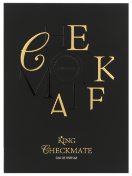 Eleganckie, czarne pudełko Armaf Checkmate King Eau de Parfum, złote, wypukłe napisy, widok z przodu.
