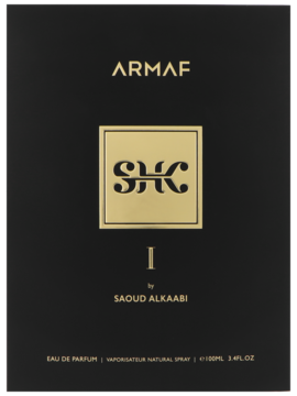 Woda perfumowana Armaf SHK I by Saoud Alkaabi w czarnym opakowaniu, ze złotym monogramem SHK na środku.