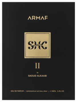 Armaf SHK II By Saoud Alkaabi, orientalna woda perfumowana dla mężczyzn, czarne opakowanie z złotym logo, widok z przodu.