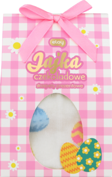 Różowa, kraciasta torba prezentowa Eloy z różową kokardą, oknem w kształcie jajka i napisem Jajka Czekoladowe.