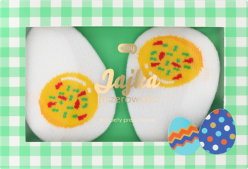 Zestaw Jajka Cukrowa Piana: dwa jajka do kąpieli z wzorem sadzonego jajka, w zielono-białym pudełku, widok z przodu.