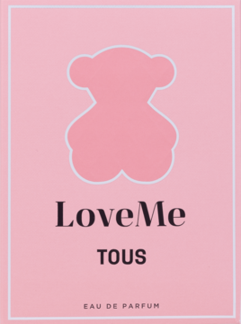 Różowe opakowanie perfum LoveMe TOUS, z matową teksturą i dużym, różowym logo misia, widok z przodu.