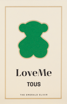 Woda perfumowana LoveMe The Emerald Elixir Tous: zielony miś Tous na beżowym tle, czarne napisy, złota ramka.