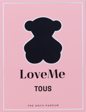 Różowe opakowanie LoveMe The Onyx Parfum Tous, woda perfumowana z czarnym misiem, widok z przodu.