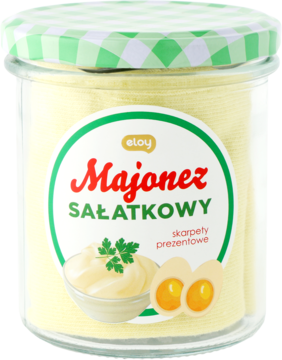 Szklany słoik Majonezu Sałatkowego Eloy, żółta zawartość, zielona etykieta z majonezem i napisem 'skarpetki prezentowe'.