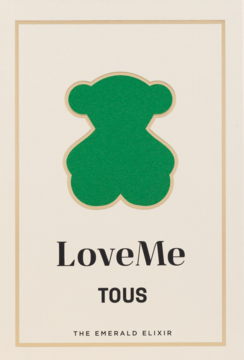 Tous LoveMe The Emerald Elixir woda perfumowana, zielone logo misia na beżowej karcie produktu z czarnym tekstem.