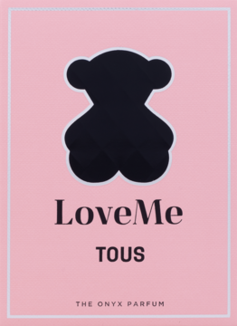 Różowe pudełko wody perfumowanej dla kobiet Tous LoveMe The Onyx Parfum z czarnym misiem, widok z przodu.