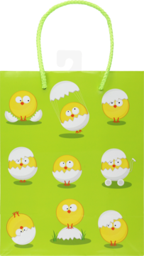 Zielona torba prezentowa, widok z przodu. Zawiera wesołe żółte kurczaczki w skorupkach jajek i zielone uchwyty.